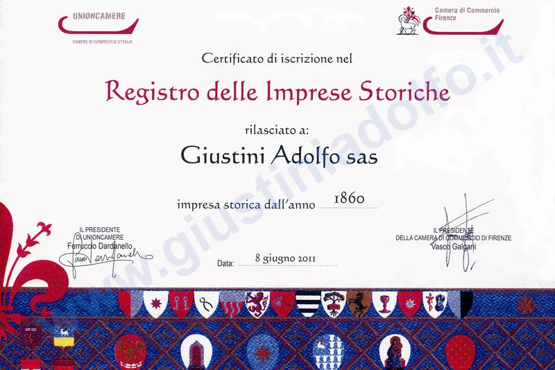 Certificato di iscrizione nel Registro delle Imprese Storiche d'Italia rilasciato a Giustini Adolfo